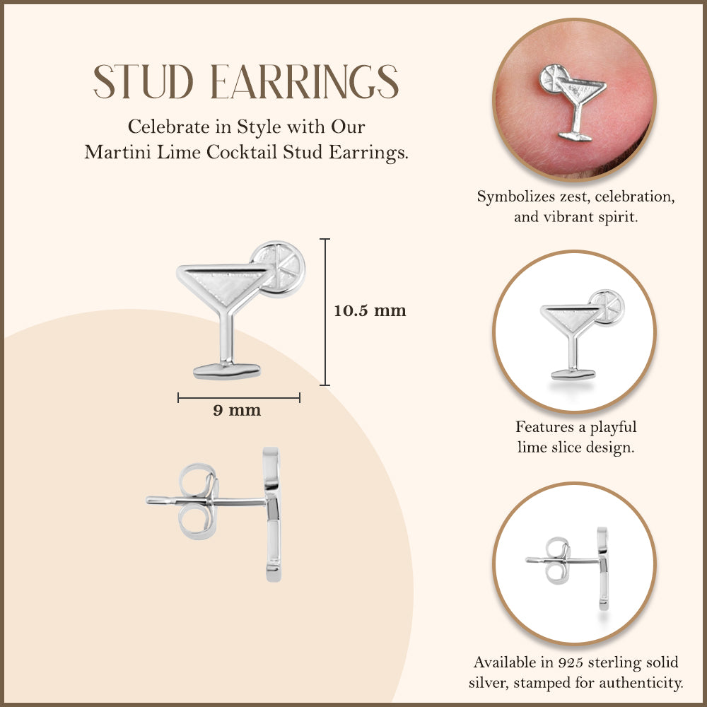 Sterling Silver Martini Lime Cocktail Stud Earrings, view 3