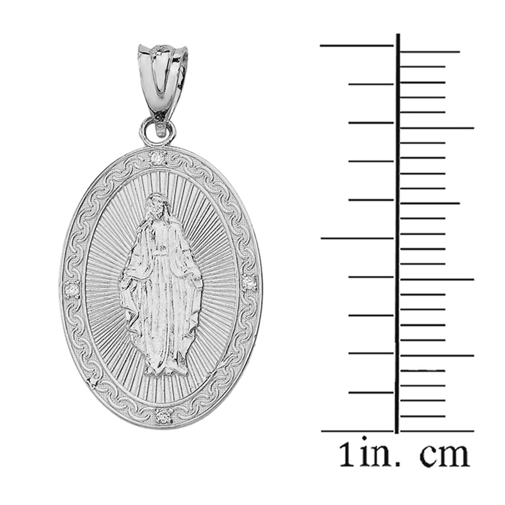 Sterling Silver Mary Mother of Jesus Oval Medallion CZ Pendant Necklace (Small), view 3
