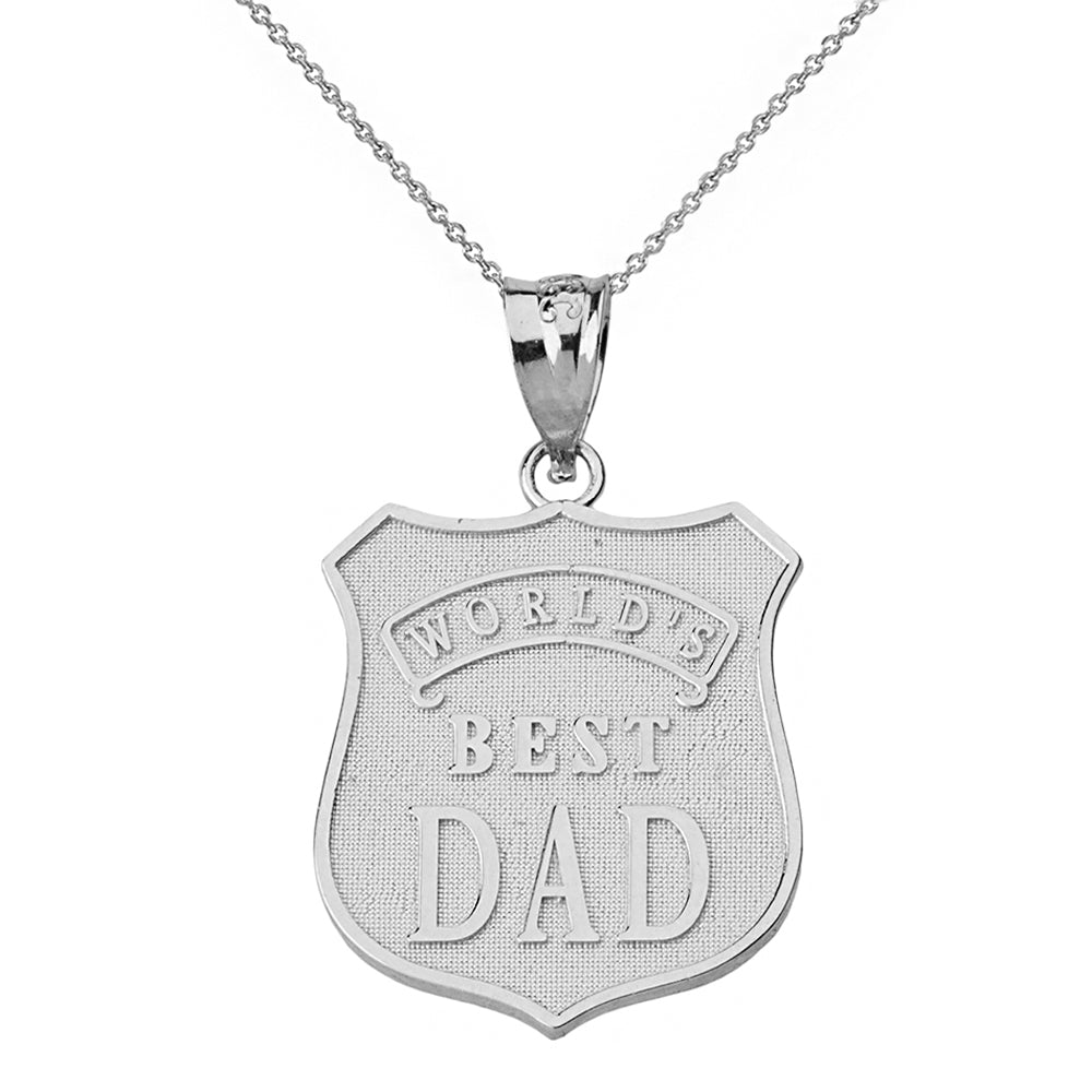 Sterling Silver Matte and Shiny World's Best Dad Badge Pendant Necklace