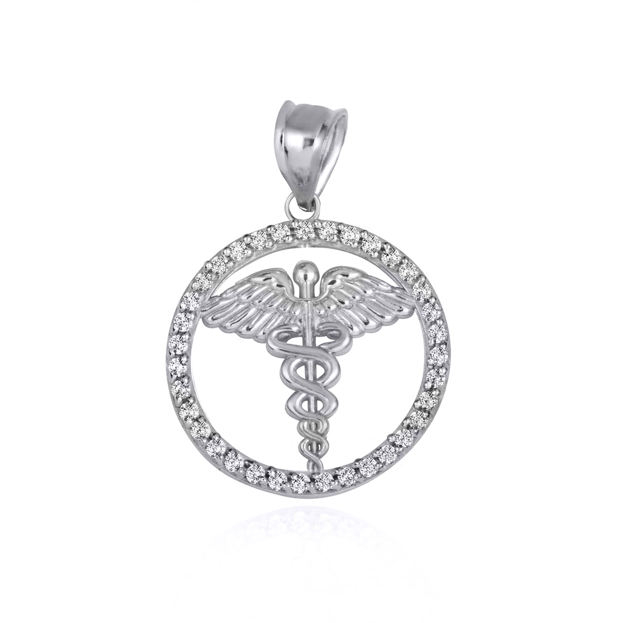 Sterling Silver Medical Caduceus Staff Cubic Zirconia Halo Pendant Necklace