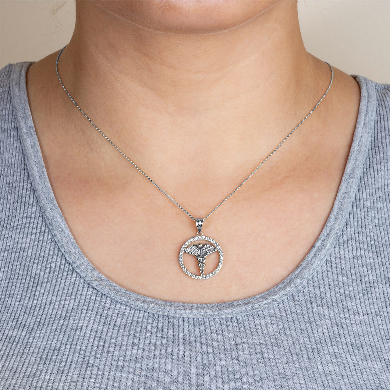 Sterling Silver Medical Caduceus Staff Cubic Zirconia Halo Pendant Necklace, view 3