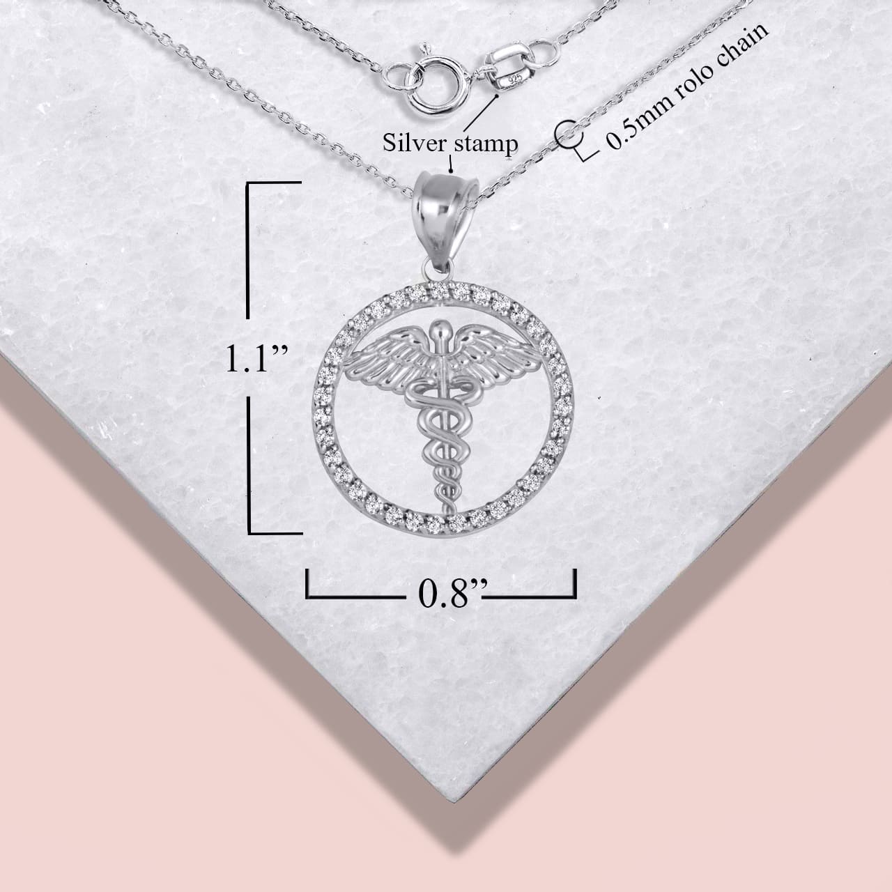 Sterling Silver Medical Caduceus Staff Cubic Zirconia Halo Pendant Necklace, view 4