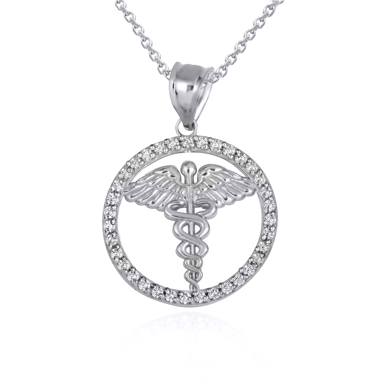 Sterling Silver Medical Caduceus Staff Cubic Zirconia Halo Pendant Necklace, view 5