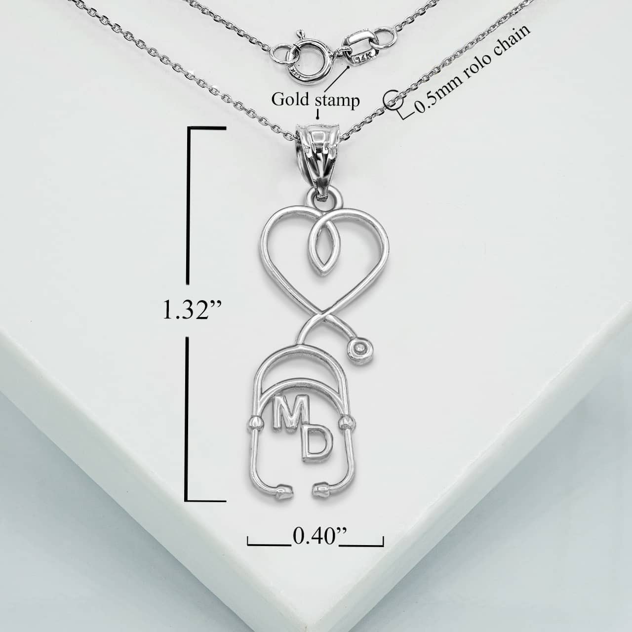 Sterling Silver Medical Doctor MD Heart Stethoscope Pendant Necklace, view 3