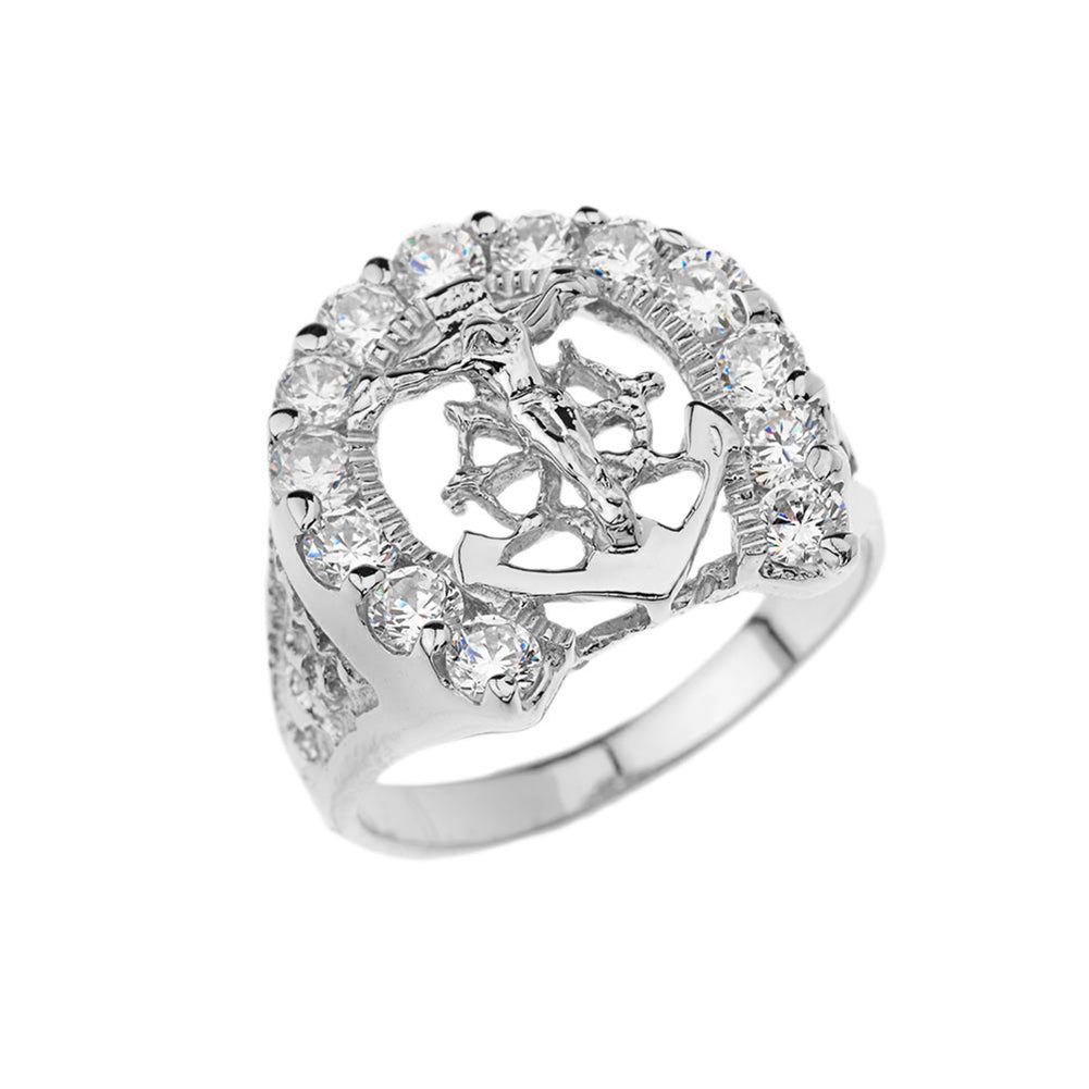 Sterling Silver Men's Cubic Zirconia Horseshoe Crucifix Anchor Ring