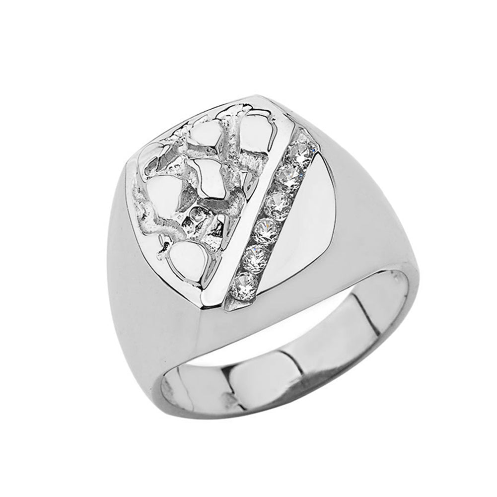 Sterling Silver Men's Cubic Zirconia Nugget Striped Signet Ring