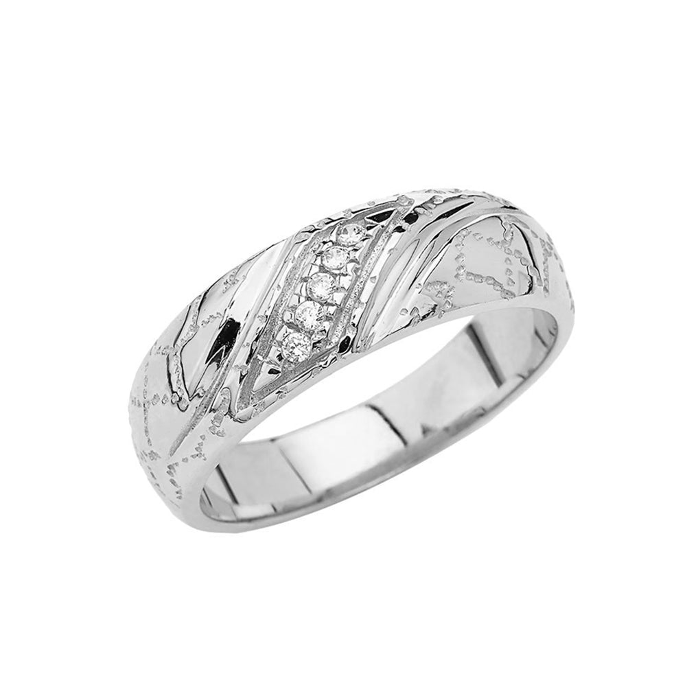Sterling Silver Men's Cubic Zirconia Striped Nugget Wedding Band Ring
