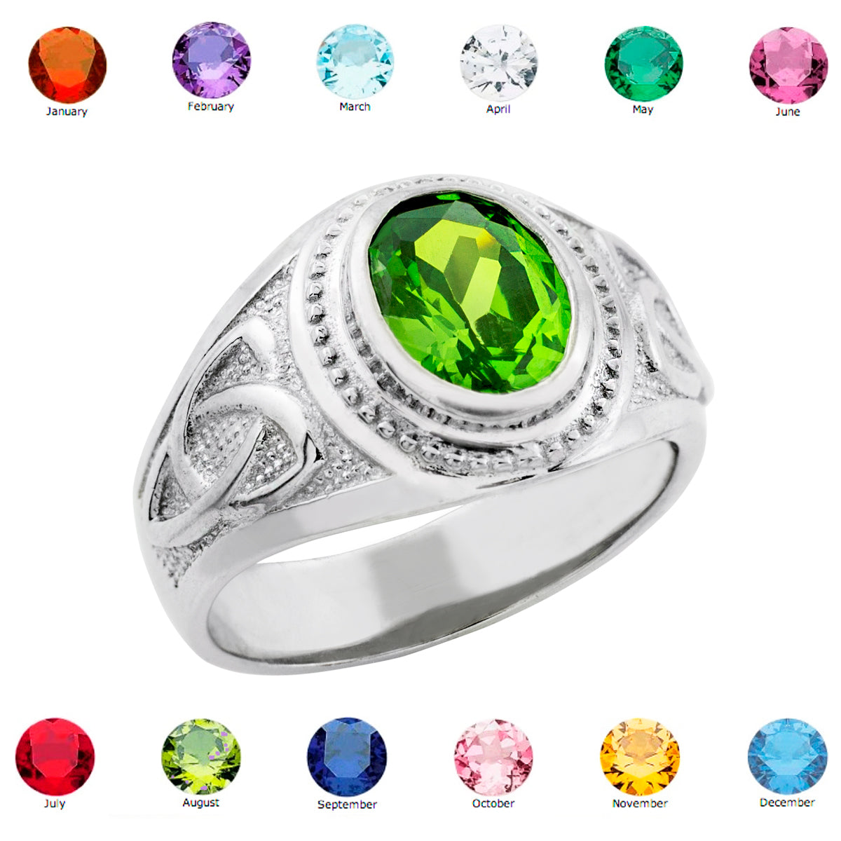 Sterling Silver Men's Custom Irish Celtic Trinity Knot Birthstone Signet Ring