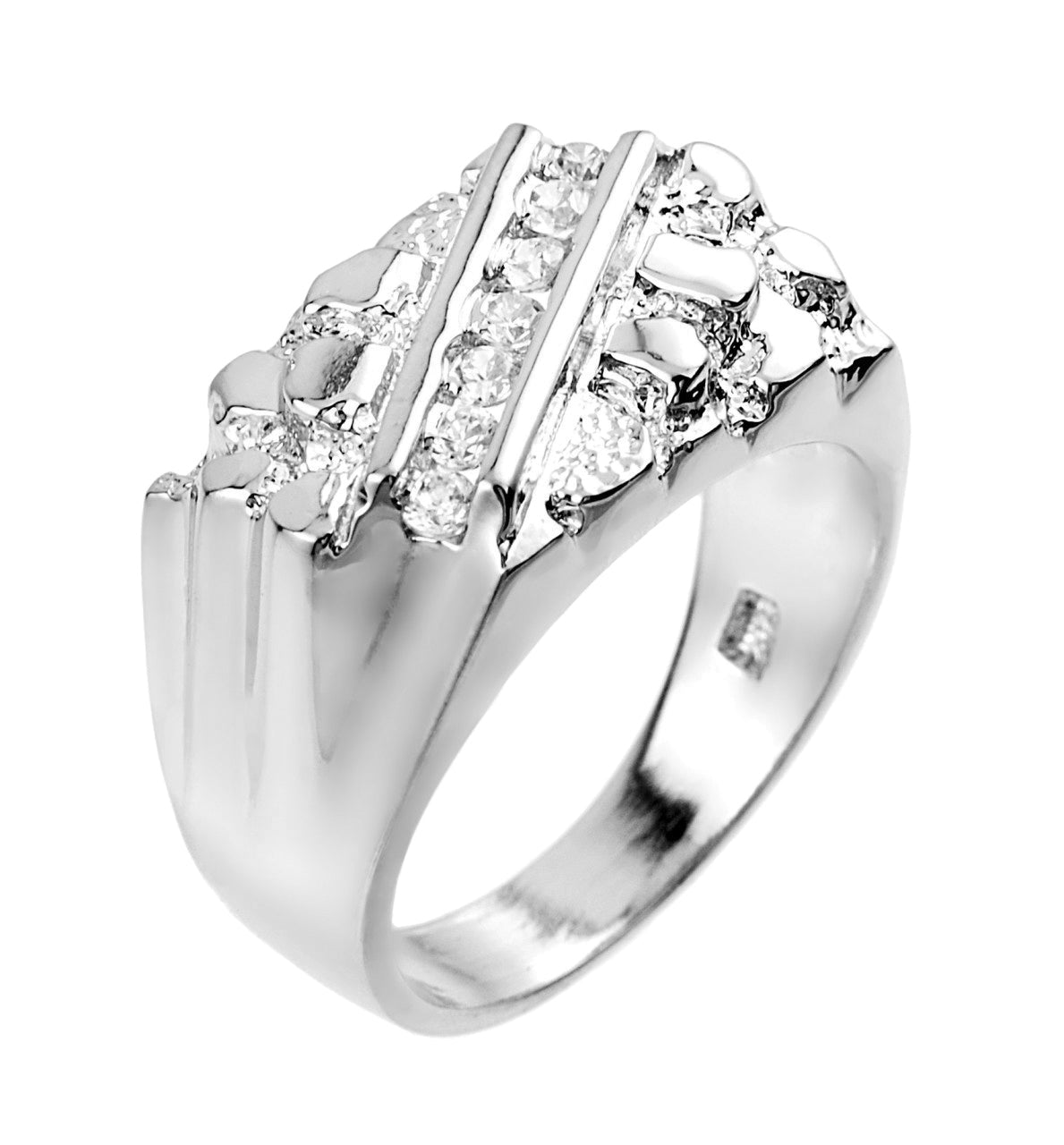 Sterling Silver Men's Striped Cubic Zirconia Nugget Ring