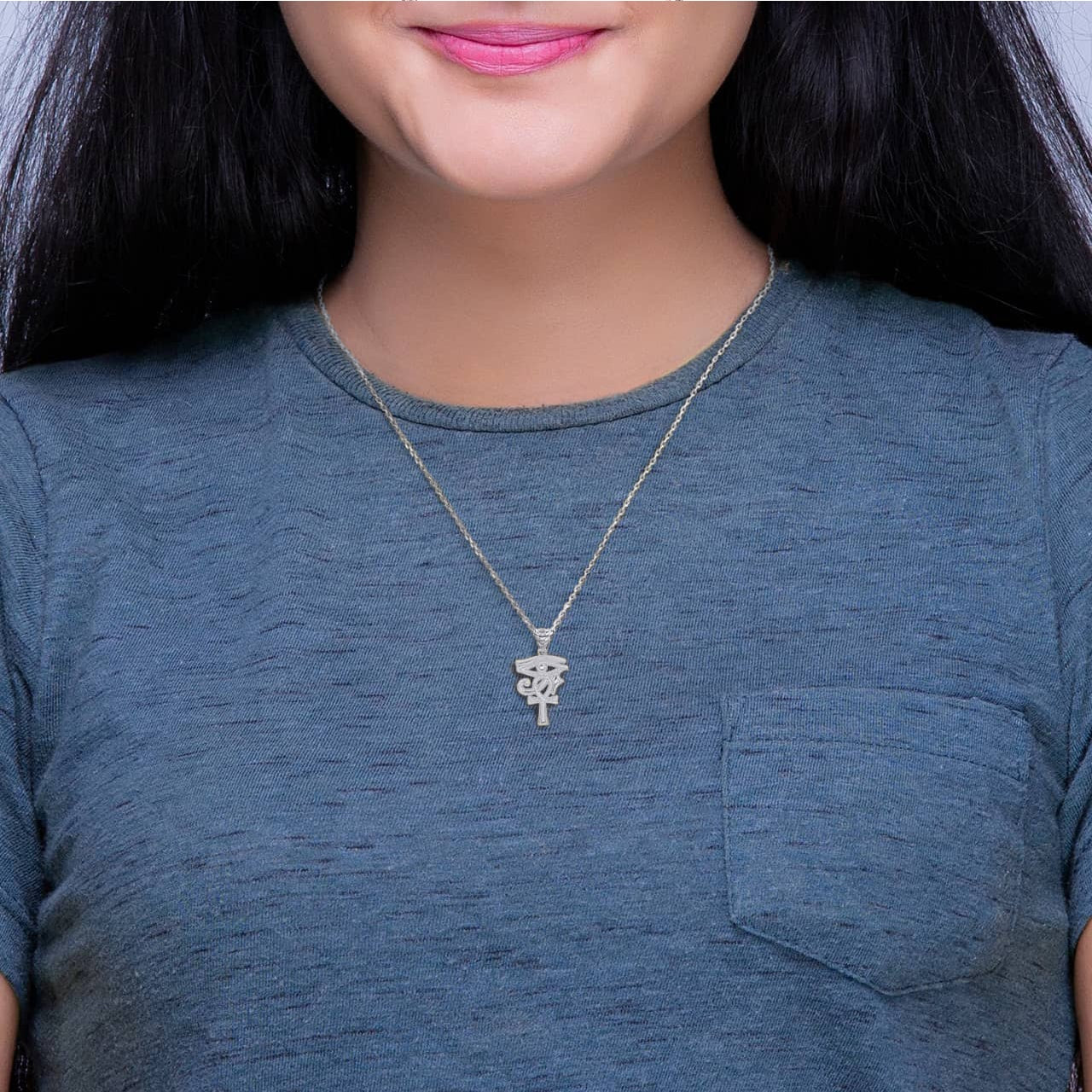 Sterling Silver Milgrain Egyptian Ankh Cross Eye of Horus Wadjet Pendant Necklace, view 2