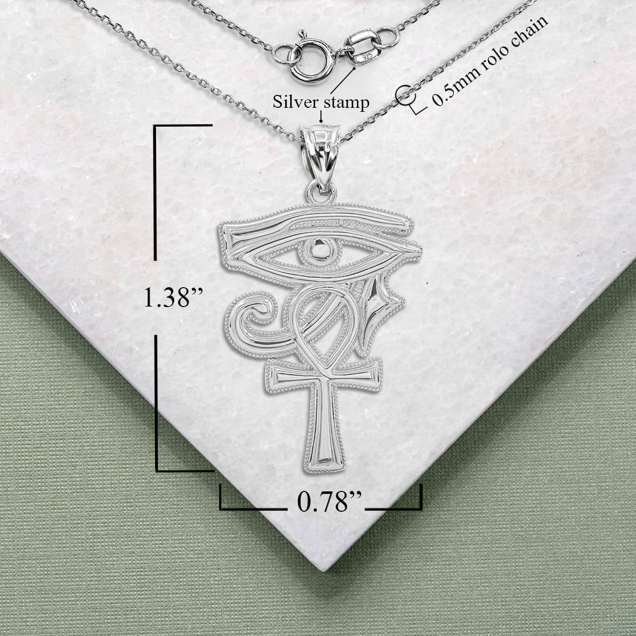 Sterling Silver Milgrain Egyptian Ankh Cross Eye of Horus Wadjet Pendant Necklace, view 4
