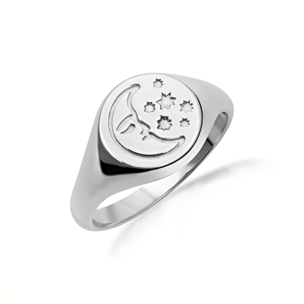 Sterling Silver Moon Face Celestial Stars Signet Ring