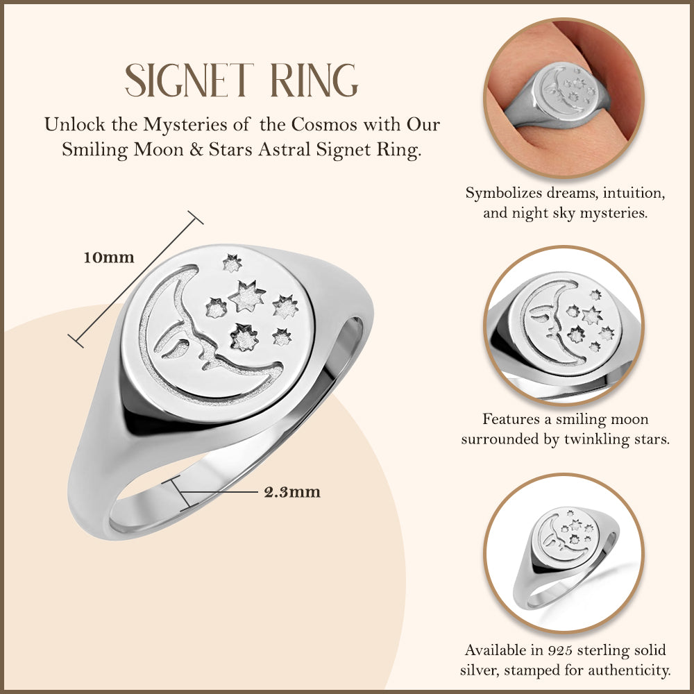 Sterling Silver Moon Face Celestial Stars Signet Ring, view 3