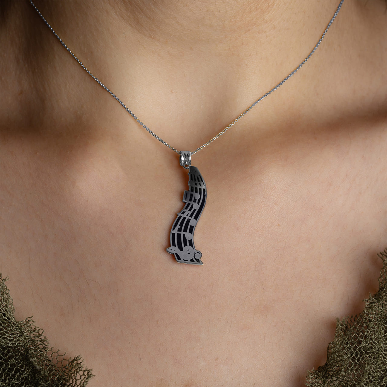 Sterling Silver Music Staff Treble Clef Notes Enamel Pendant Necklace, view 2