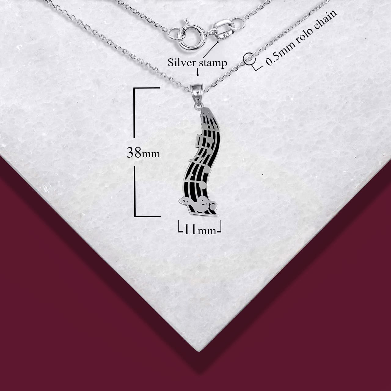 Sterling Silver Music Staff Treble Clef Notes Enamel Pendant Necklace, view 4