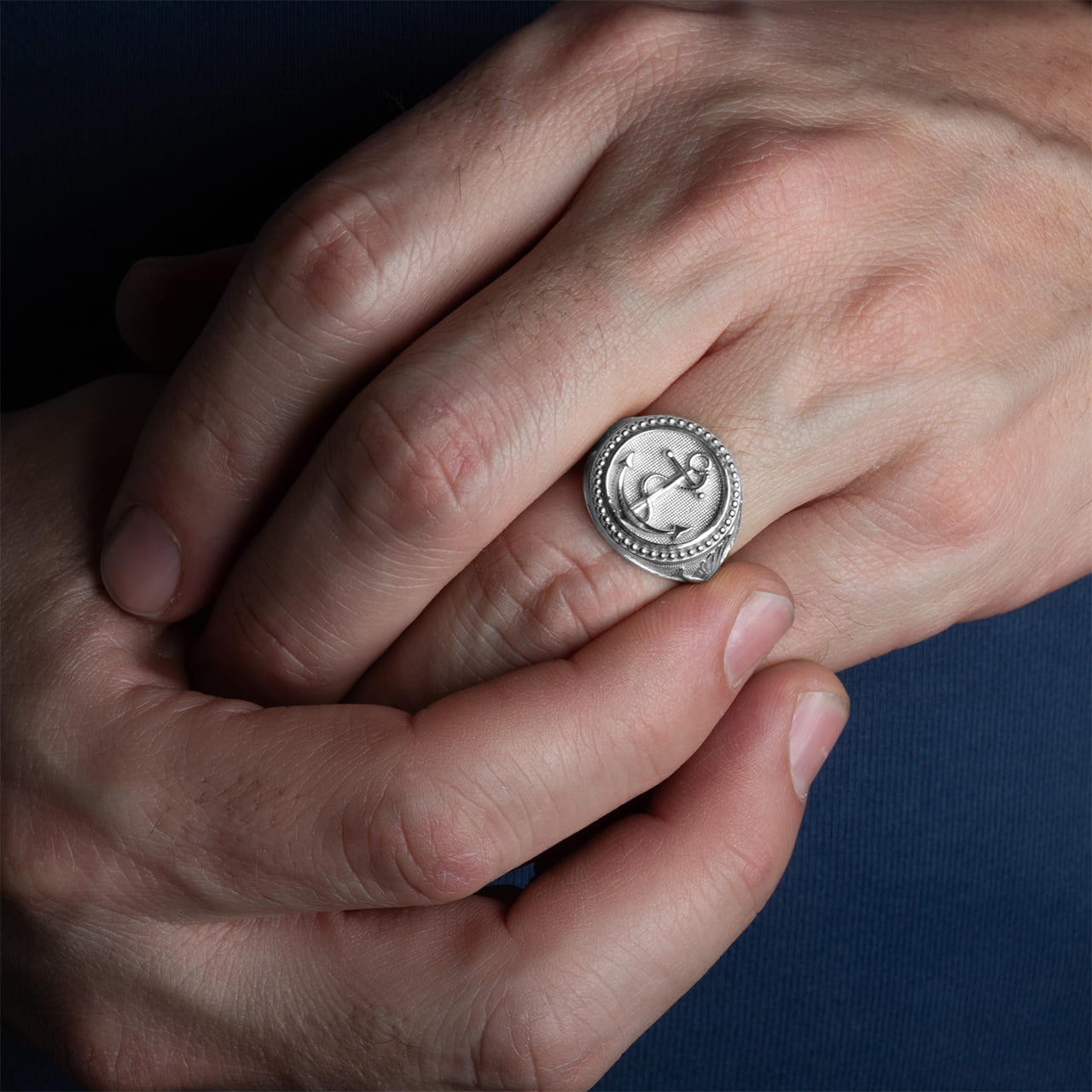 Sterling Silver Nautical Anchor Rope Beaded Dove Signet Ring, view 2