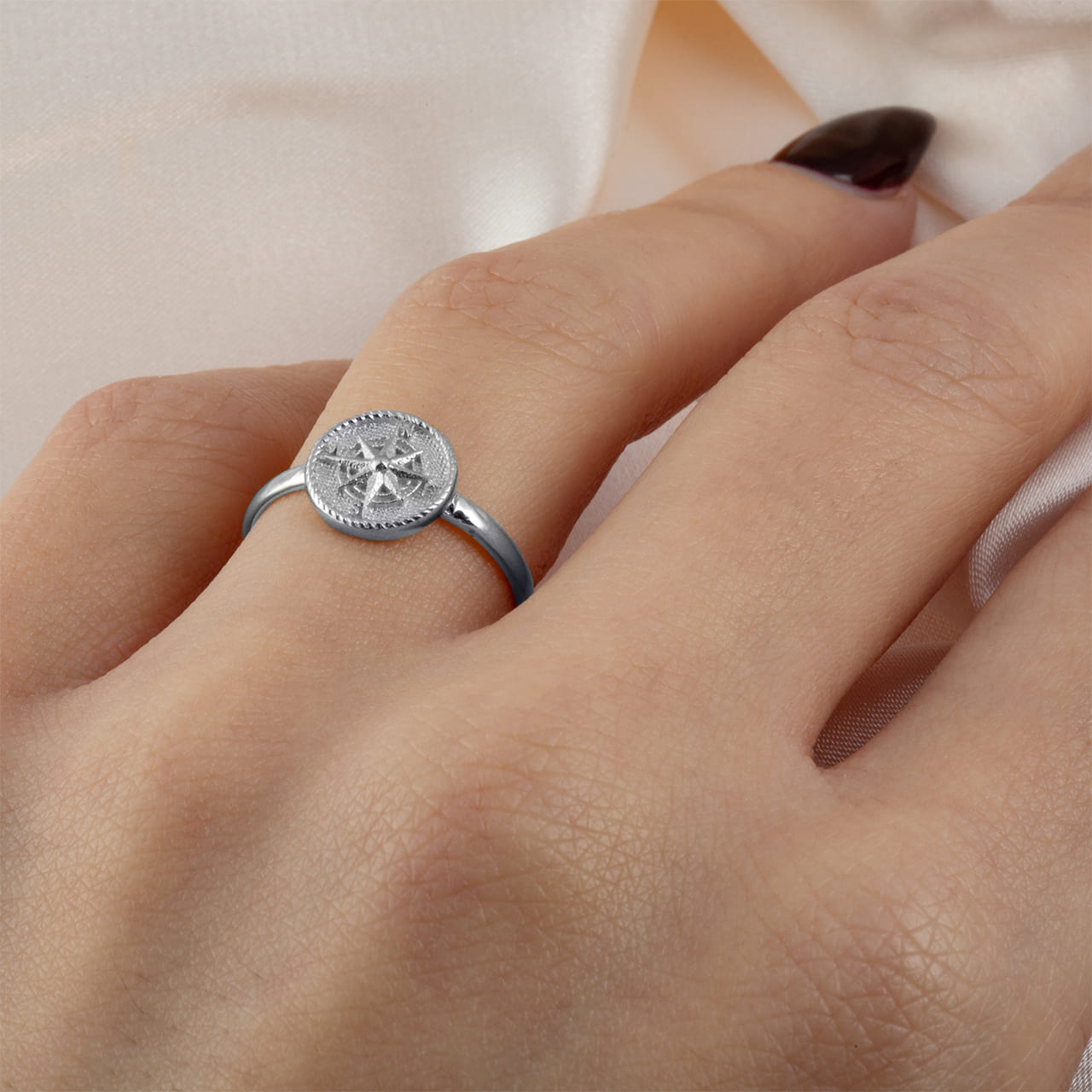 Sterling Silver Nautical Compass Rose Rope Signet Ring, view 2