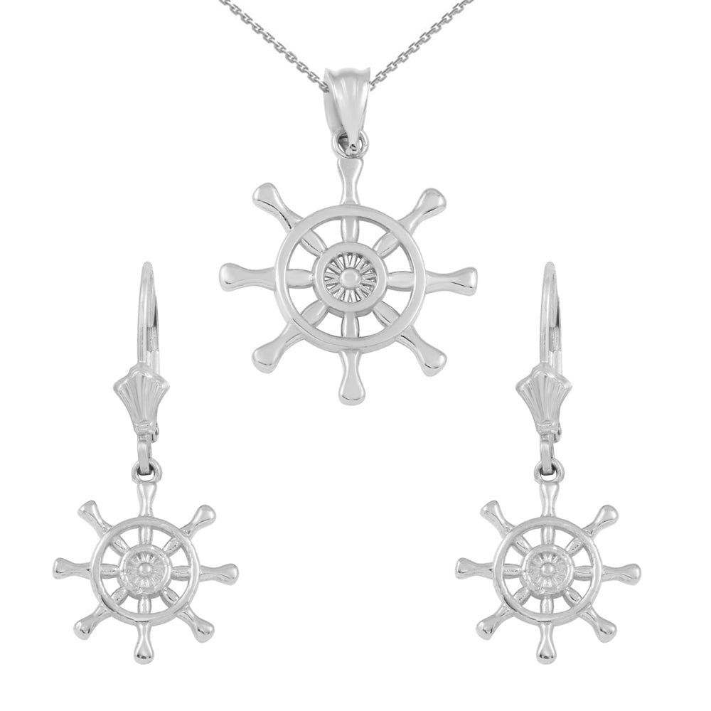Sterling Silver Nautical Ship Wheel Pendant Necklace Earring Set