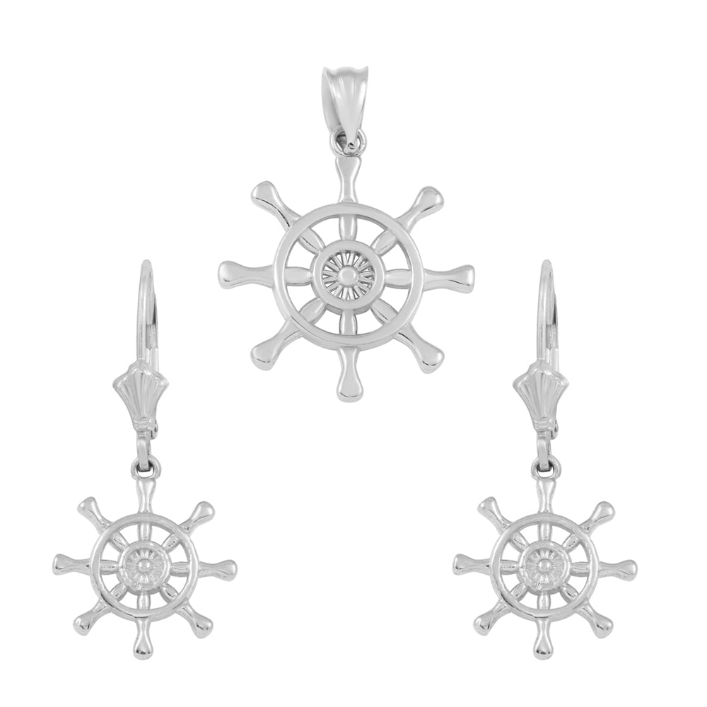 Sterling Silver Nautical Ship Wheel Pendant Necklace Earring Set, view 2