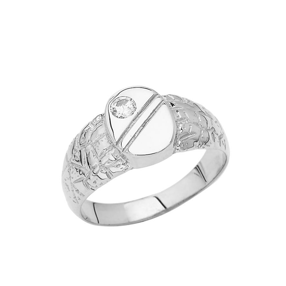 Sterling Silver Nugget Cubic Zirconia Striped Oval Signet Ring