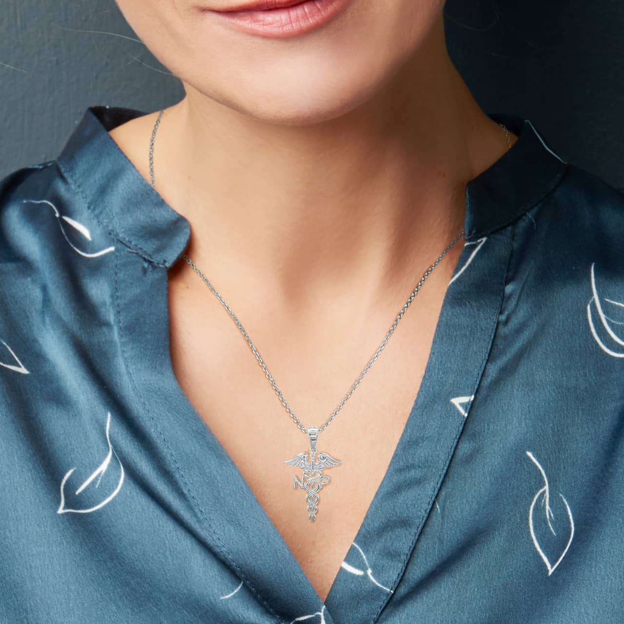 Sterling Silver Nurse Practitioner NP Caduceus Pendant Necklace, view 2