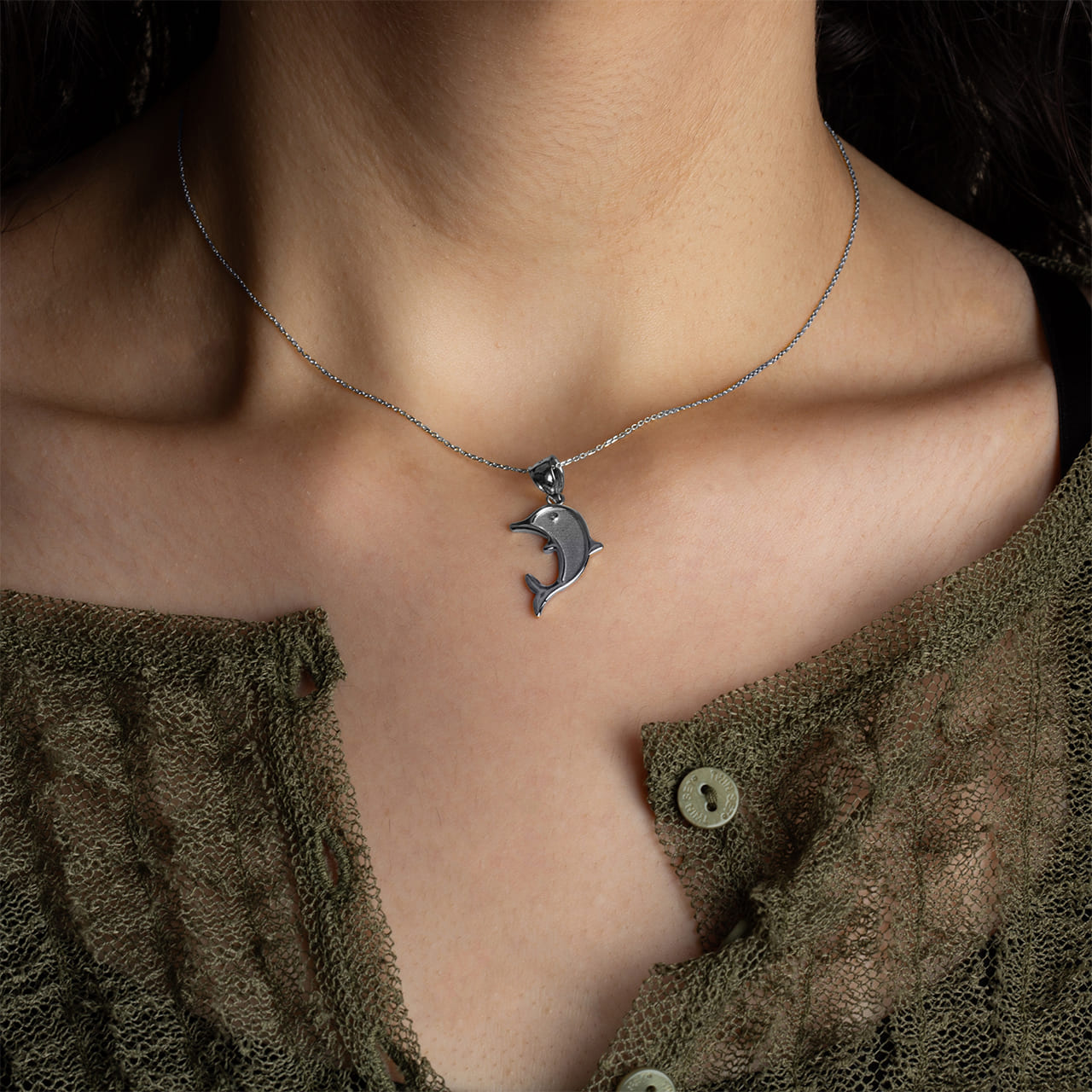 Sterling Silver Ocean Dolphin Beaded Pendant Necklace, view 2