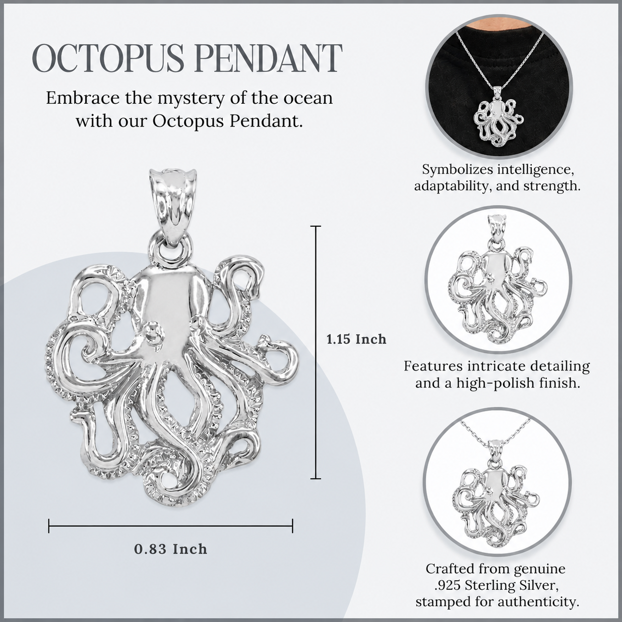 Sterling Silver Octopus Ocean Pendant Necklace, view 3