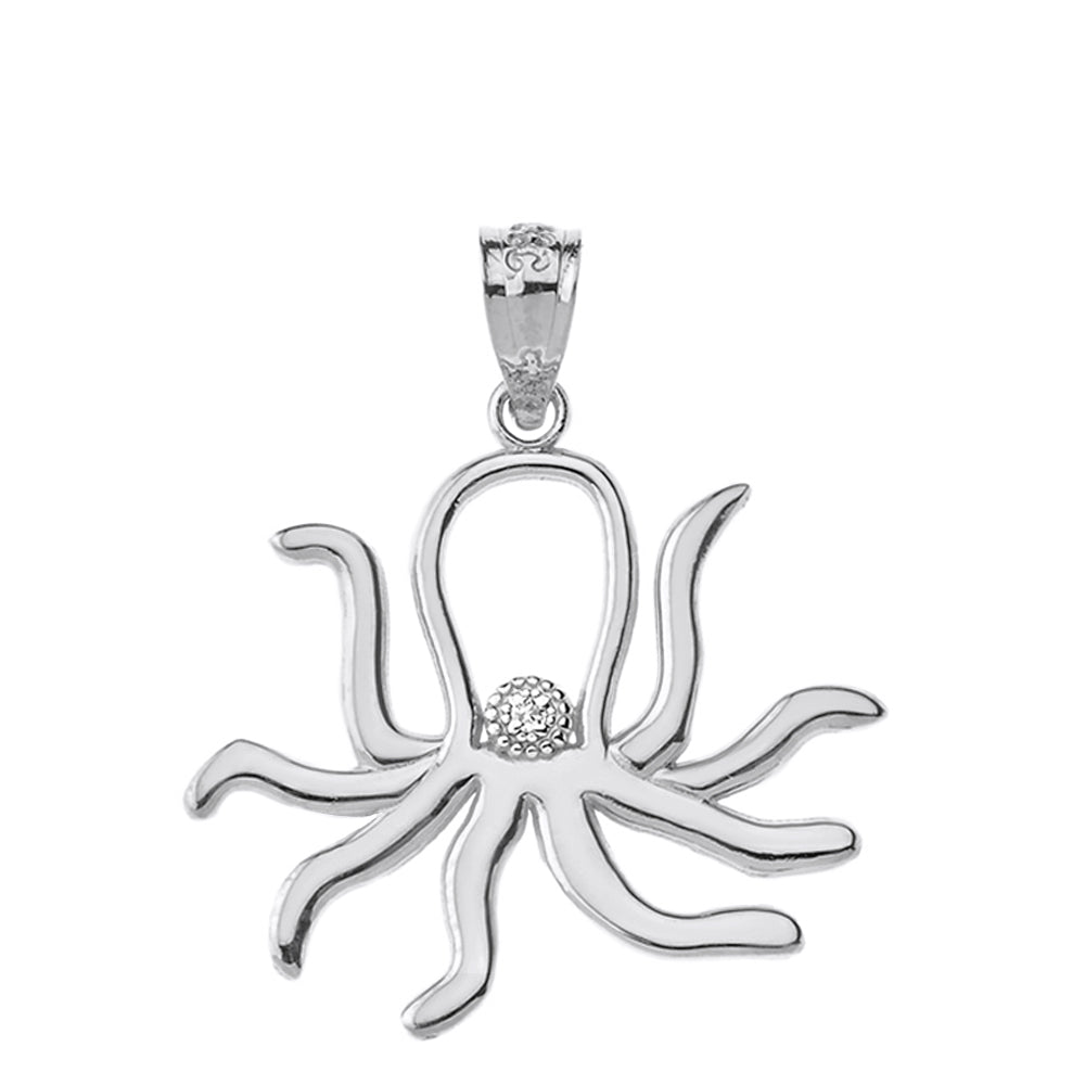 Sterling Silver Octopus Outline CZ Pendant Necklace, view 2
