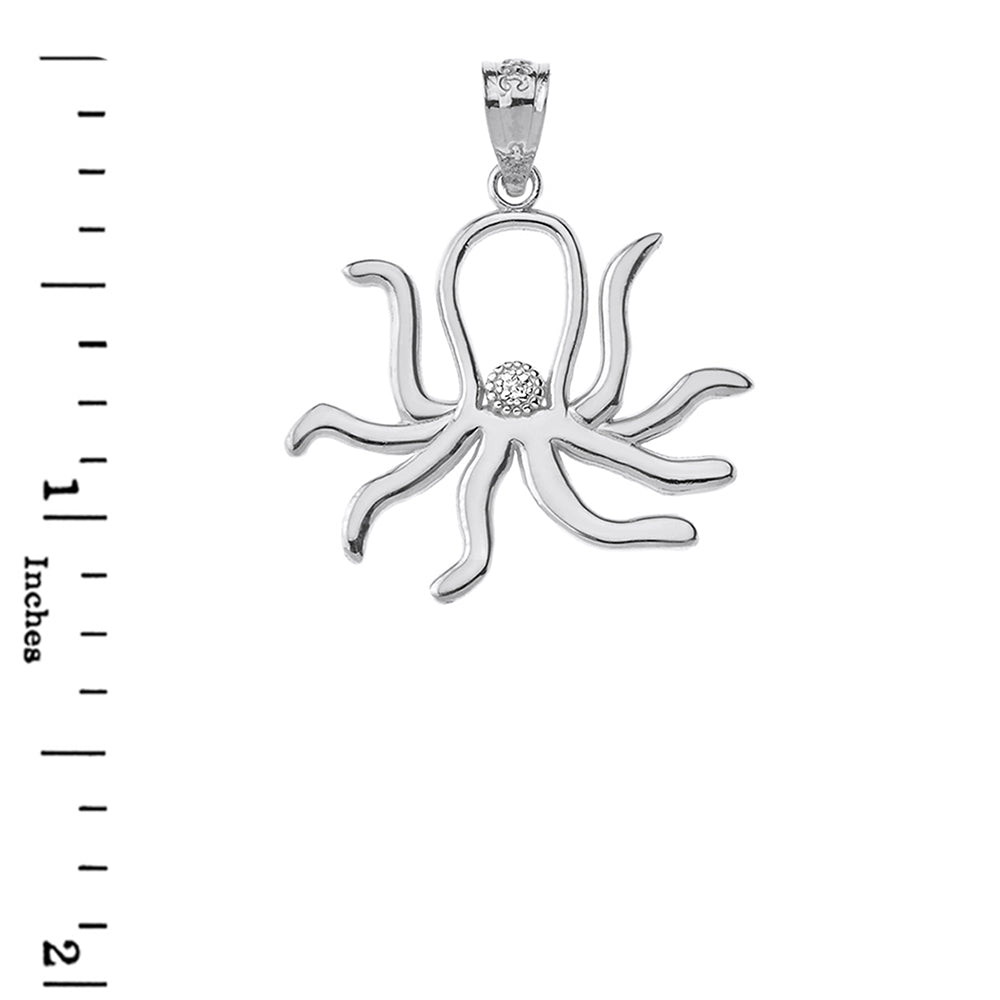 Sterling Silver Octopus Outline CZ Pendant Necklace, view 3
