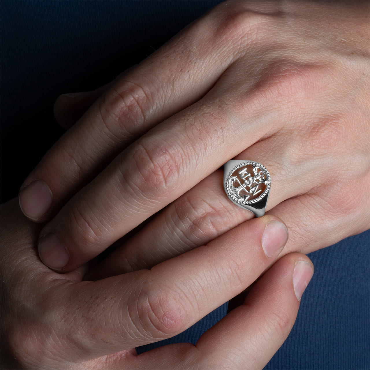 Sterling Silver Officially Licensed United States Navy Anchor Senior Chief Petty Officer Milgrain Open Signet Ring, view 2