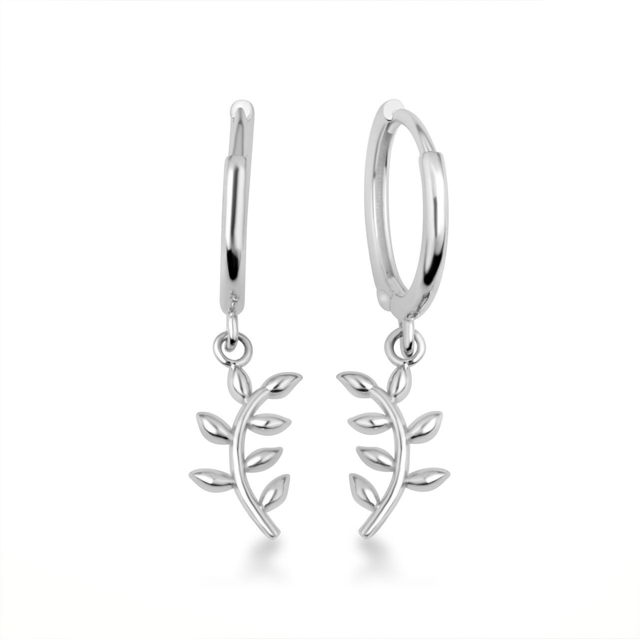 Sterling Silver Olive Branch Leaves Huggie Hoop Earrings
