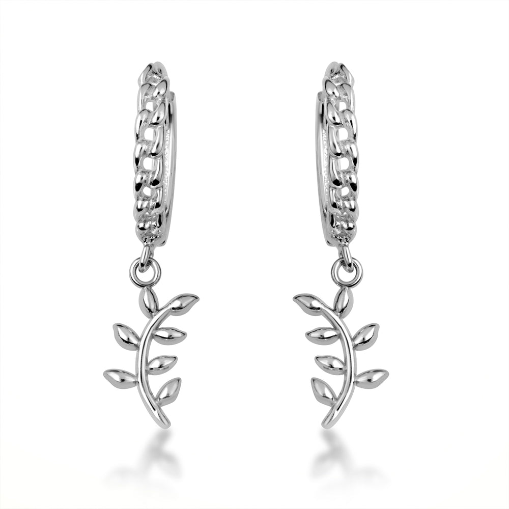 Sterling Silver Olive Leaf Branch Cuban Link Huggie Hoop Earrings