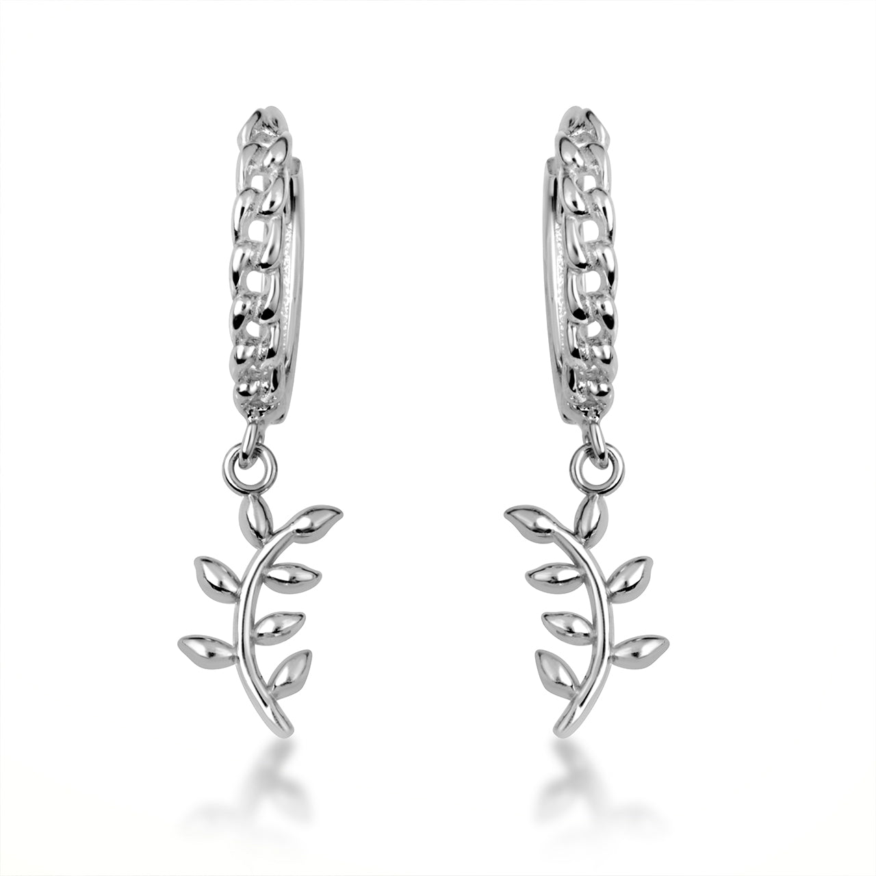 Sterling Silver Olive Leaf Branch Cuban Link Huggie Hoop Earrings