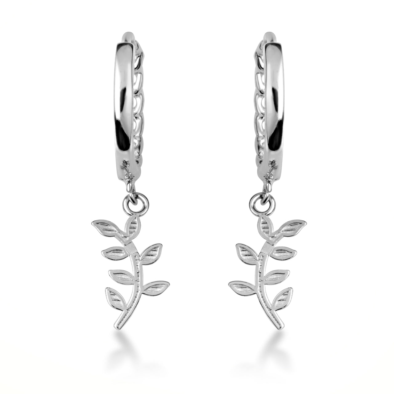 Sterling Silver Olive Leaf Branch Cuban Link Huggie Hoop Earrings, view 4