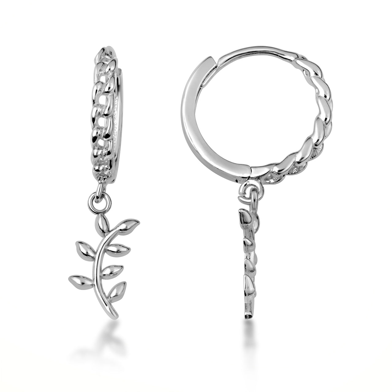Sterling Silver Olive Leaf Branch Cuban Link Huggie Hoop Earrings, view 5