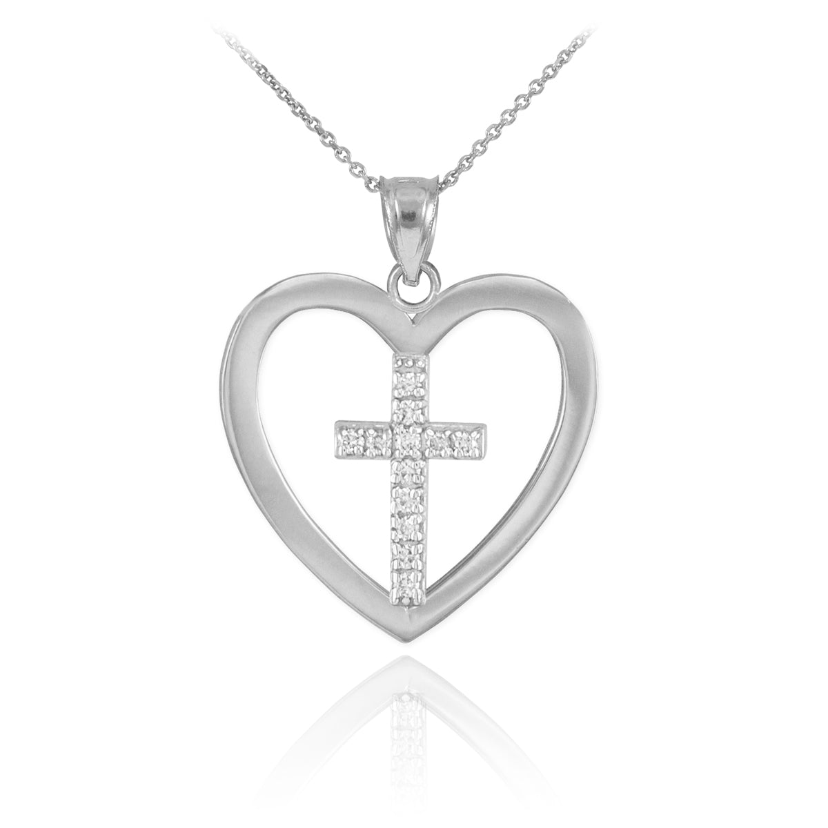 Sterling Silver Open Heart CZ Cross Pendant Necklace