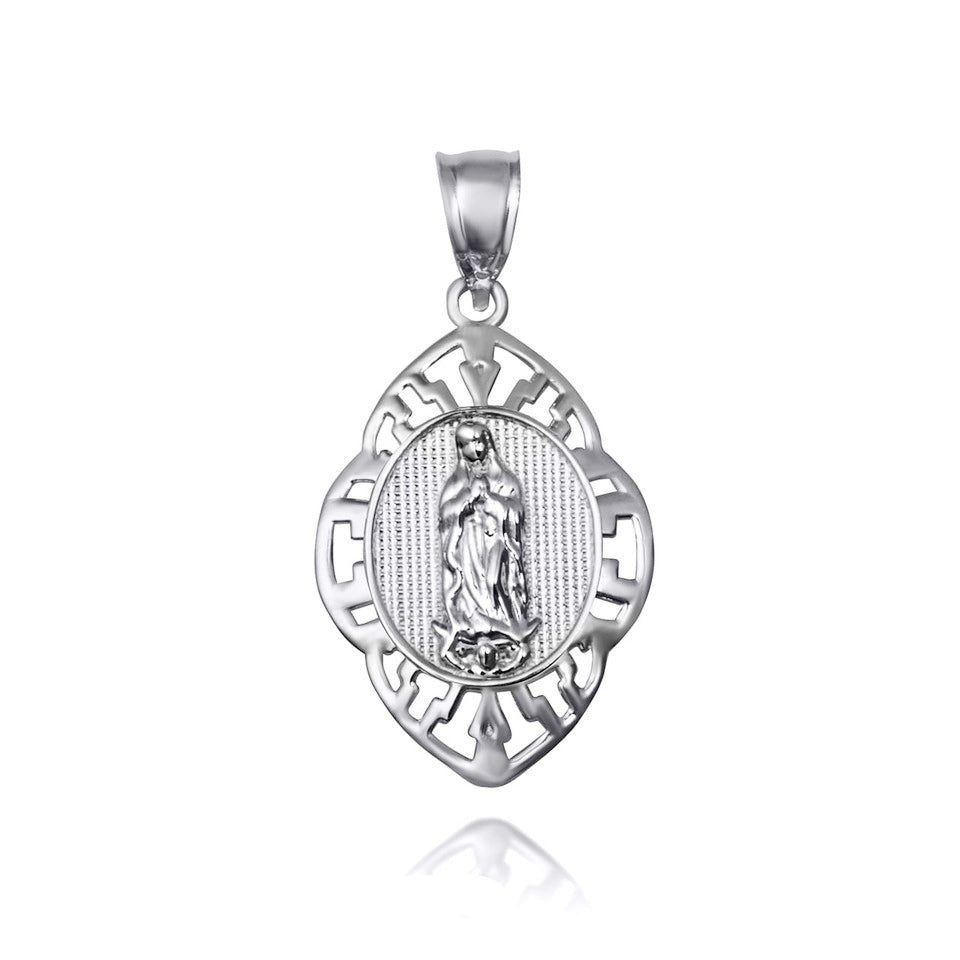 Sterling Silver Our Lady of Guadalupe Greek Key Oval Beaded Pendant Necklace