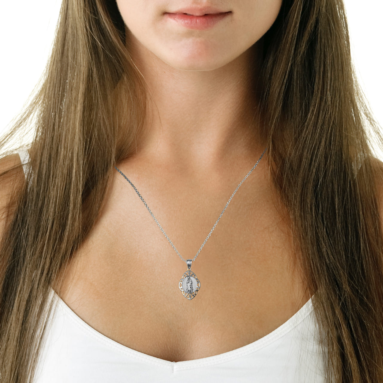 Sterling Silver Our Lady of Guadalupe Greek Key Oval Beaded Pendant Necklace, view 2