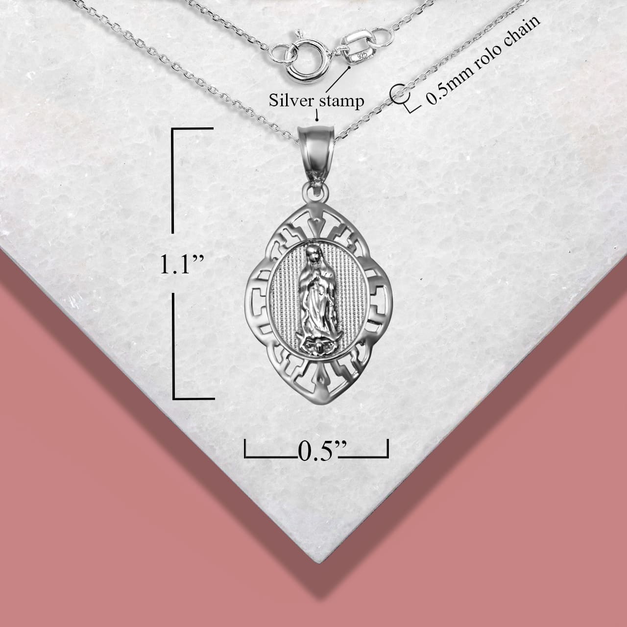 Sterling Silver Our Lady of Guadalupe Greek Key Oval Beaded Pendant Necklace, view 3
