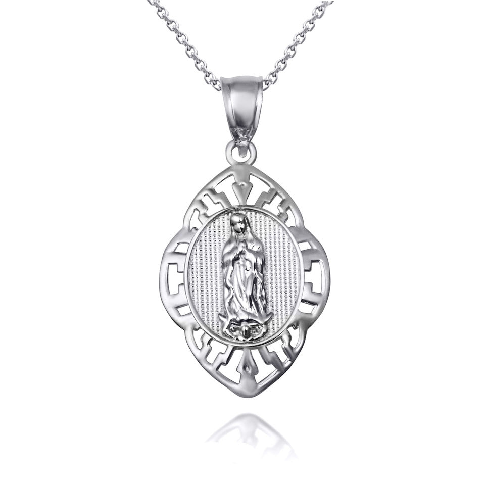 Sterling Silver Our Lady of Guadalupe Greek Key Oval Beaded Pendant Necklace, view 4