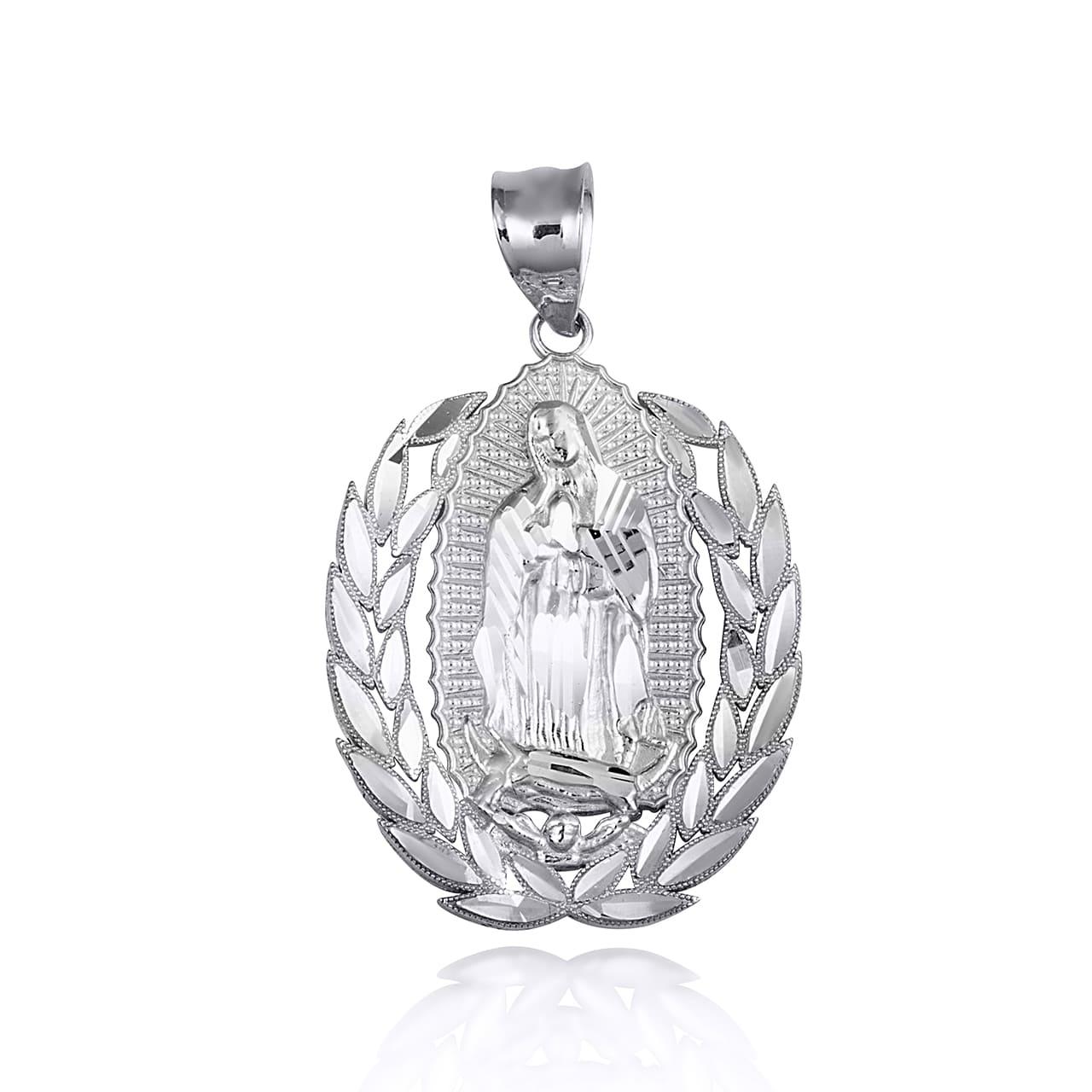 Sterling Silver Our Lady Of Guadalupe Laurel Wreath Milgrain Pendant Necklace
