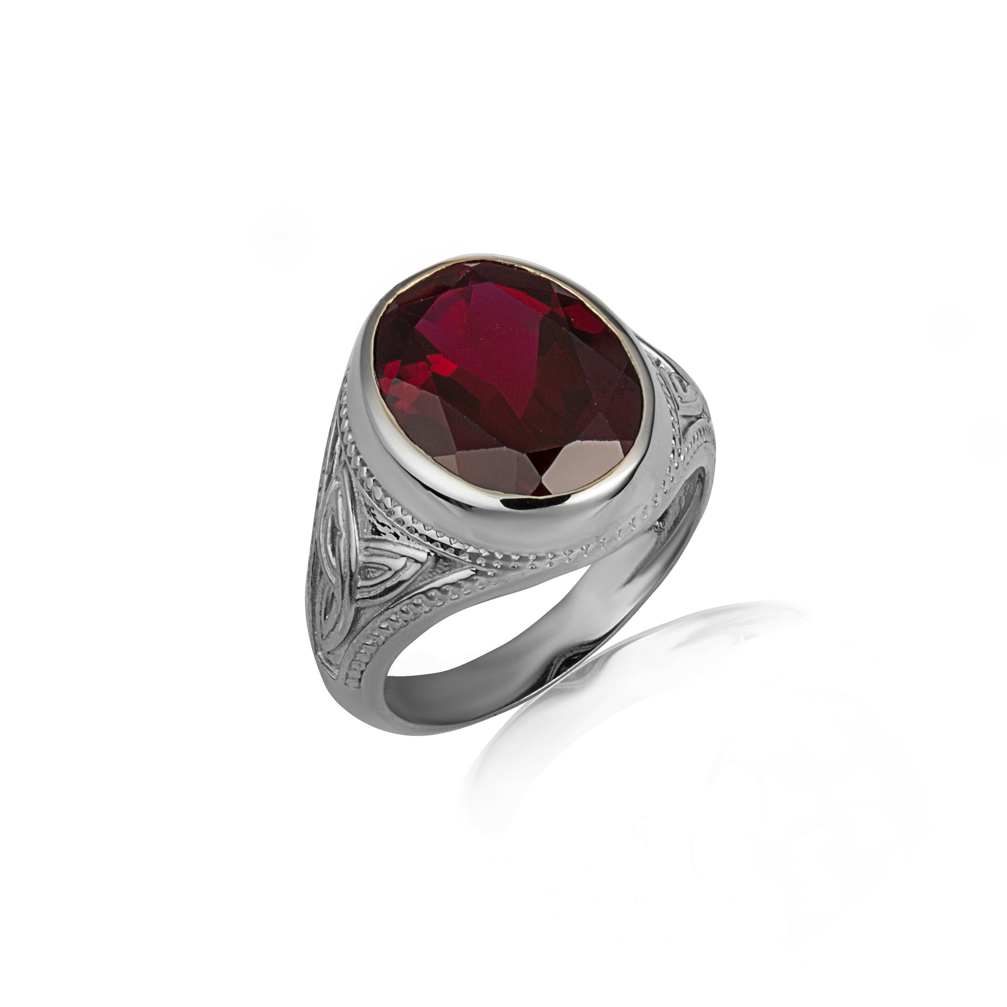 Sterling Silver Oval Gemstone Celtic Trinity Knot Beaded Men's Ring, view 14