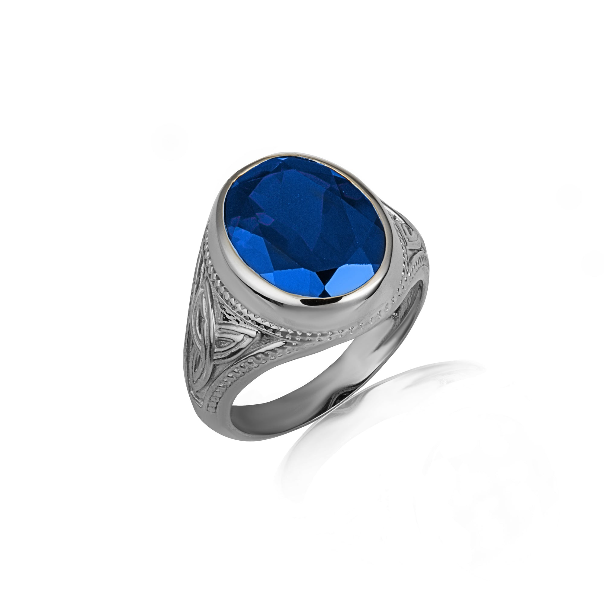 Sterling Silver Oval Gemstone Celtic Trinity Knot Beaded Men's Ring, view 22