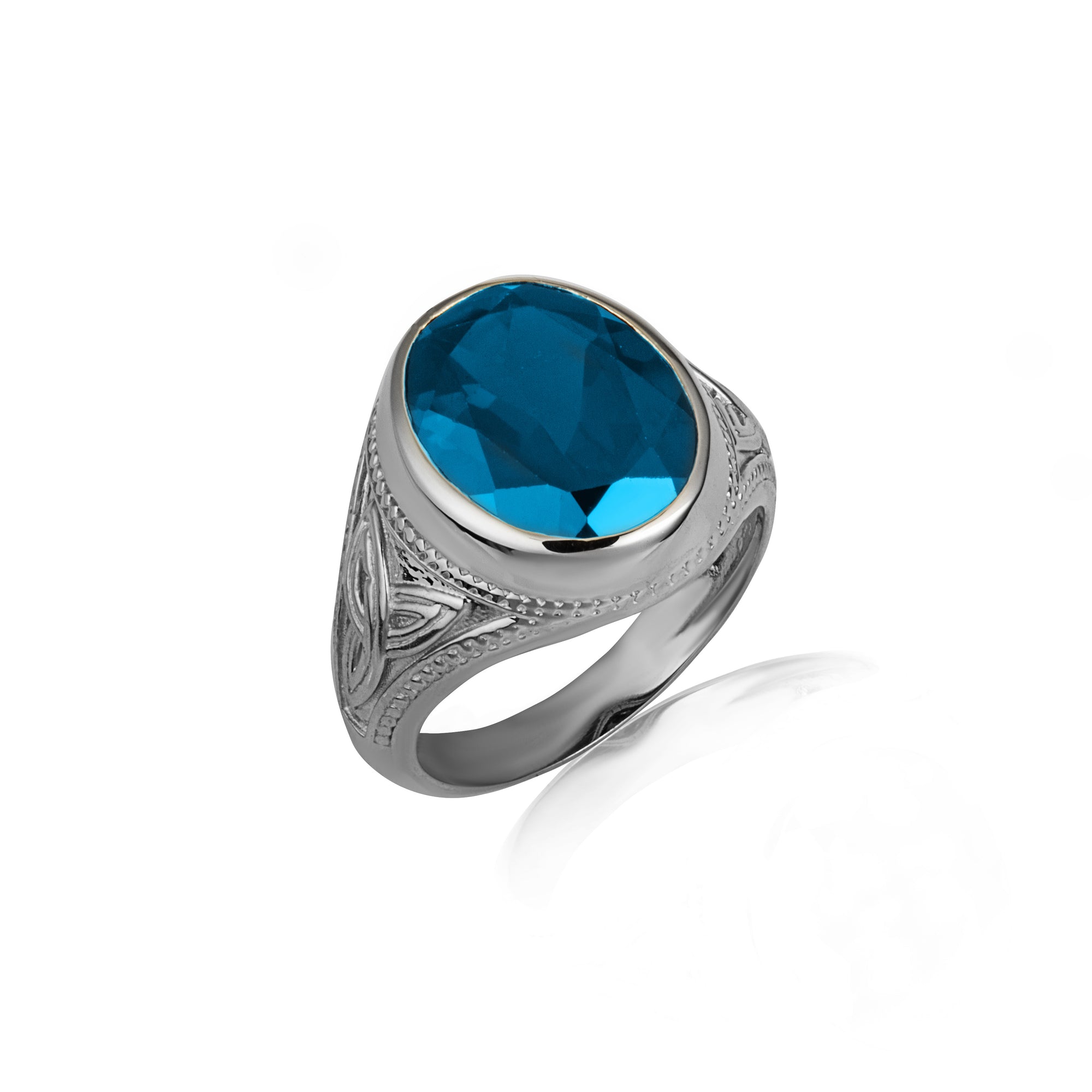 Sterling Silver Oval Gemstone Celtic Trinity Knot Beaded Men's Ring, view 25