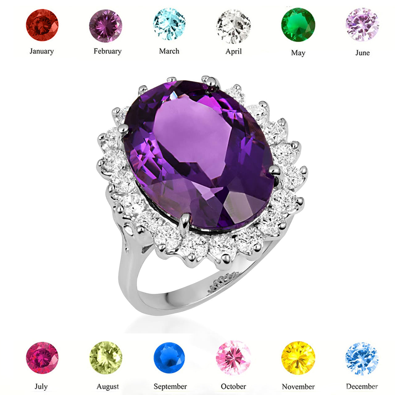 Sterling Silver Oval Gemstone Halo Ring