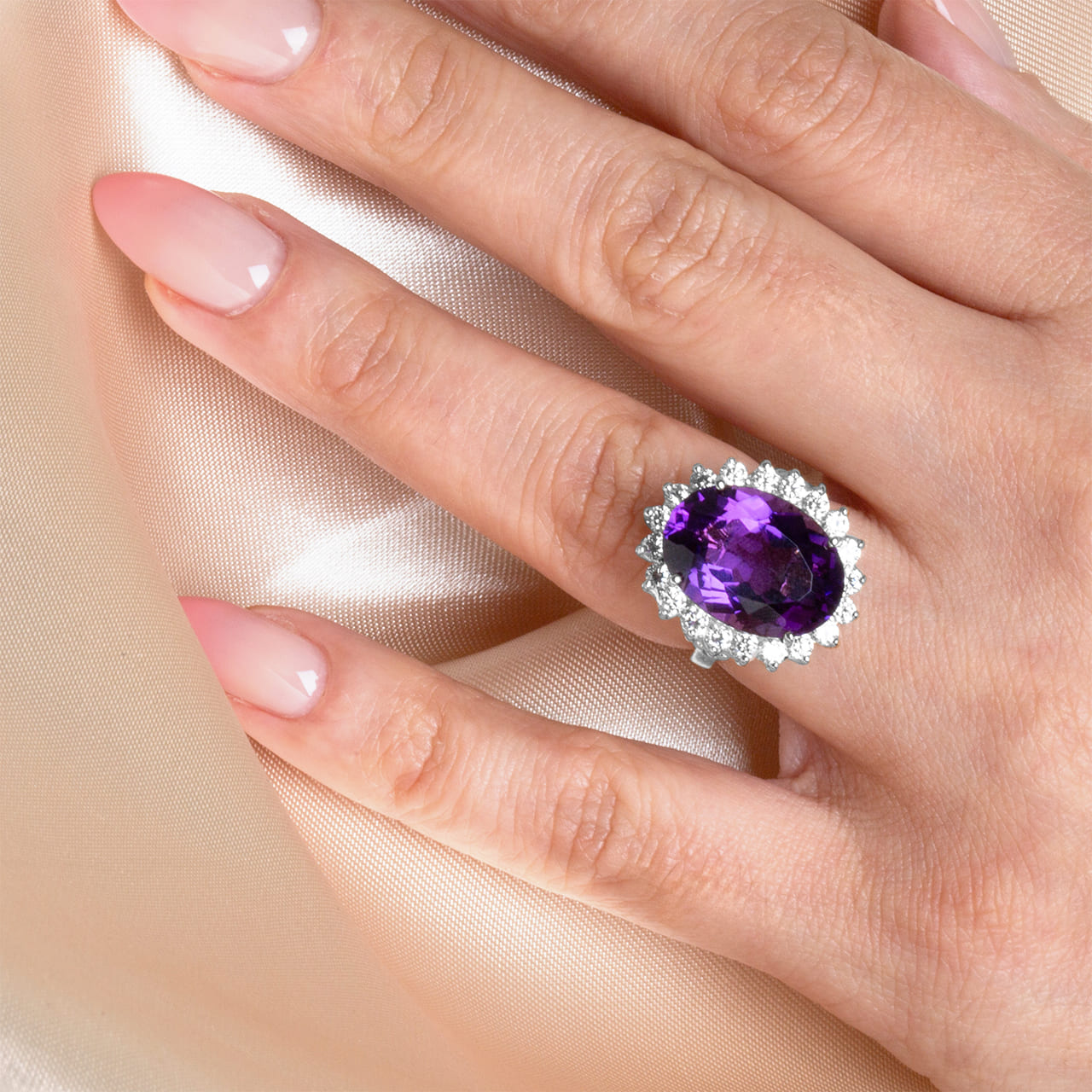 Sterling Silver Oval Gemstone Halo Ring, view 2