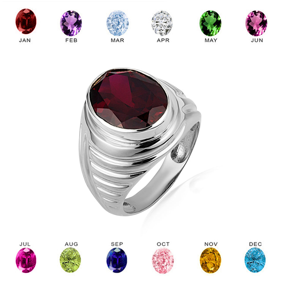 Sterling Silver Oval Gemstone Ribbed Striped Men's Ring