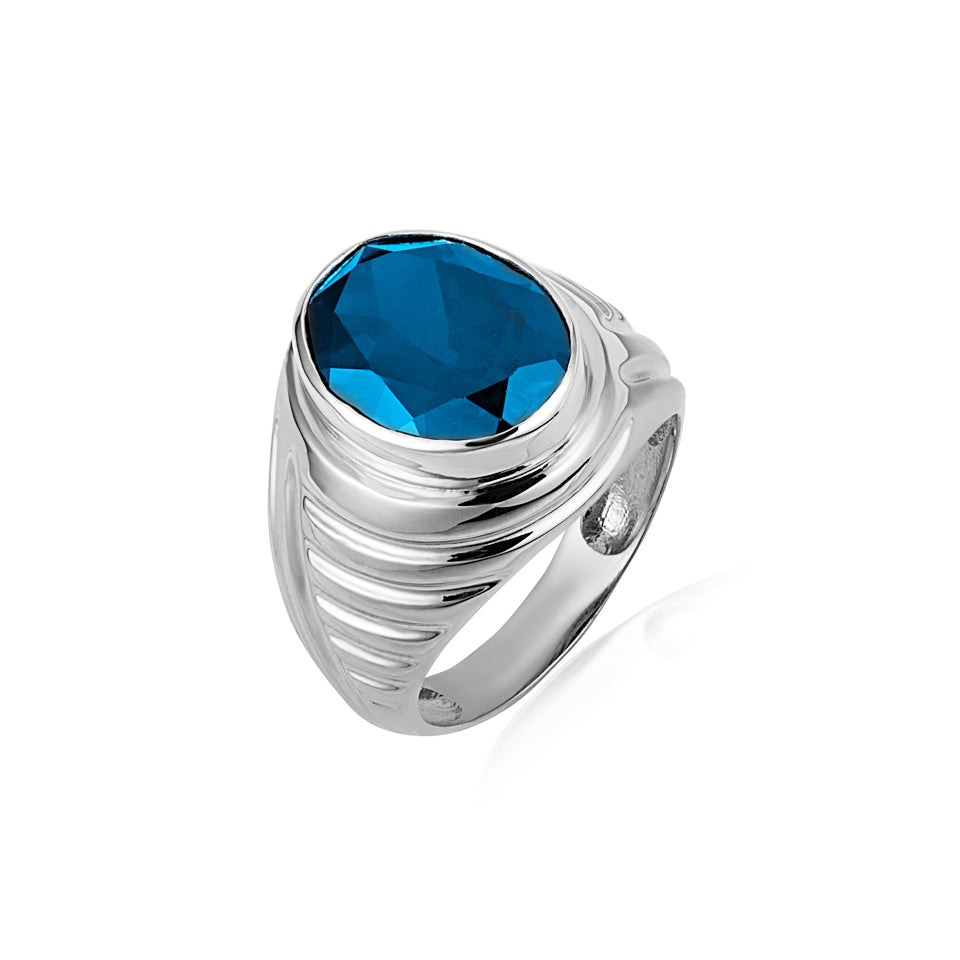 Sterling Silver Oval Gemstone Ribbed Striped Men's Ring, view 3
