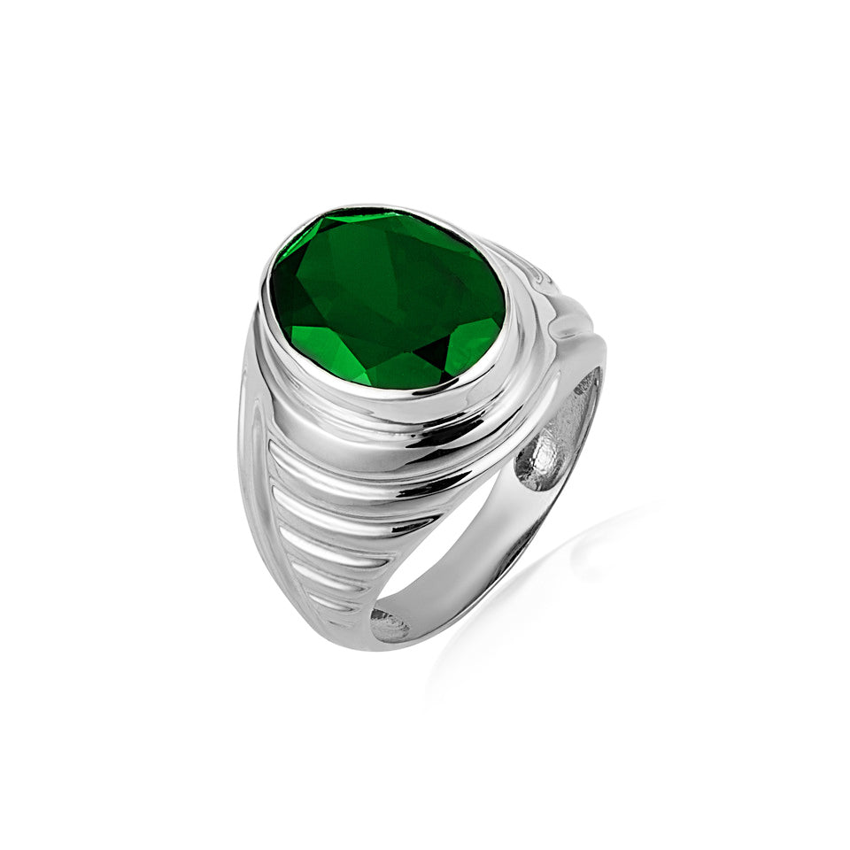 Sterling Silver Oval Gemstone Ribbed Striped Men's Ring, view 4