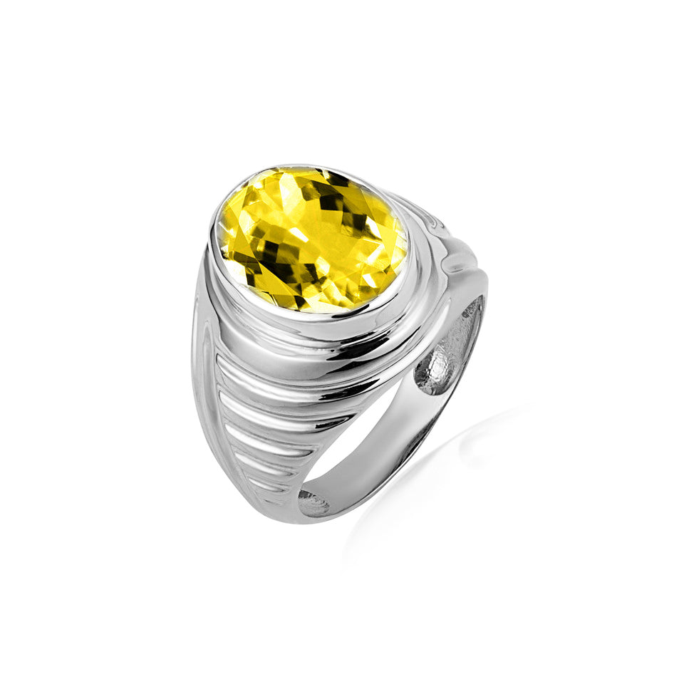 Sterling Silver Oval Gemstone Ribbed Striped Men's Ring, view 5